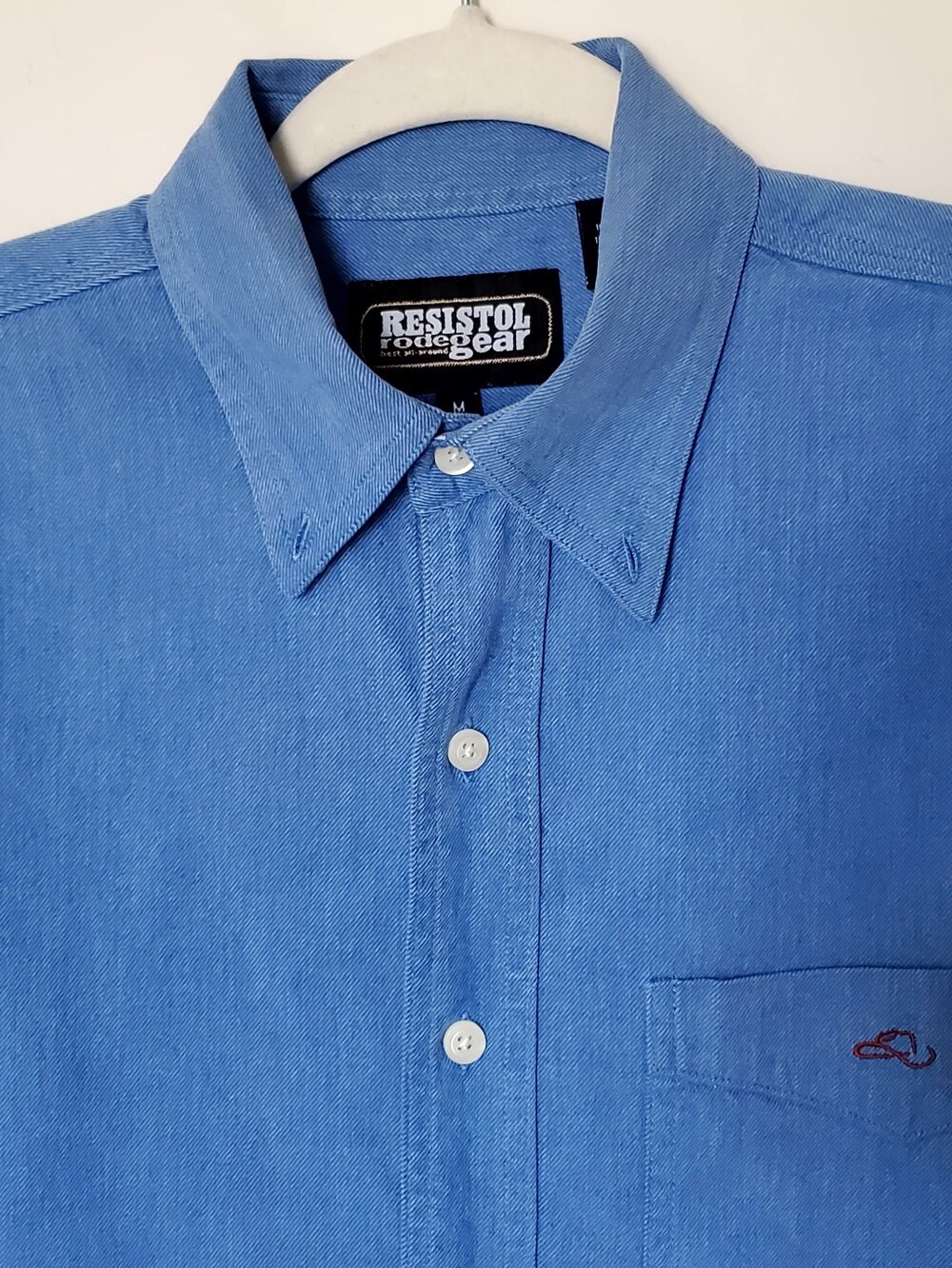 Vtg Resistol Rodeo Gear 100% Cotton Button Down Blue Shirt, Mn's M/L EUC